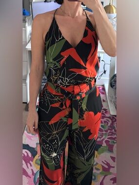 Cantão - Black Floral Halter top + pants  with Orange & Green Print